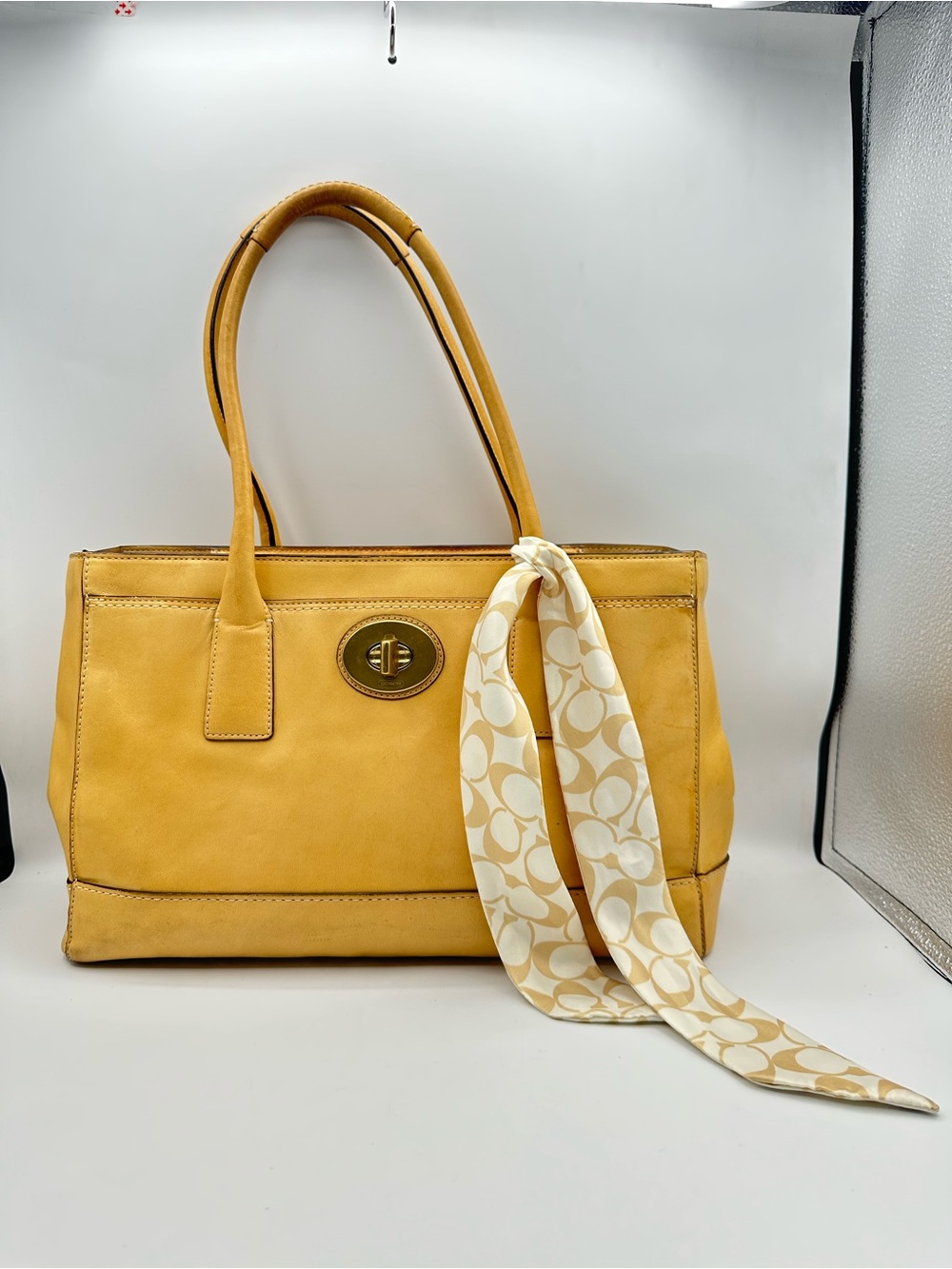 Coach Madeline Yellow Leather Shoulder Bag with Patterned Scarf Accent
